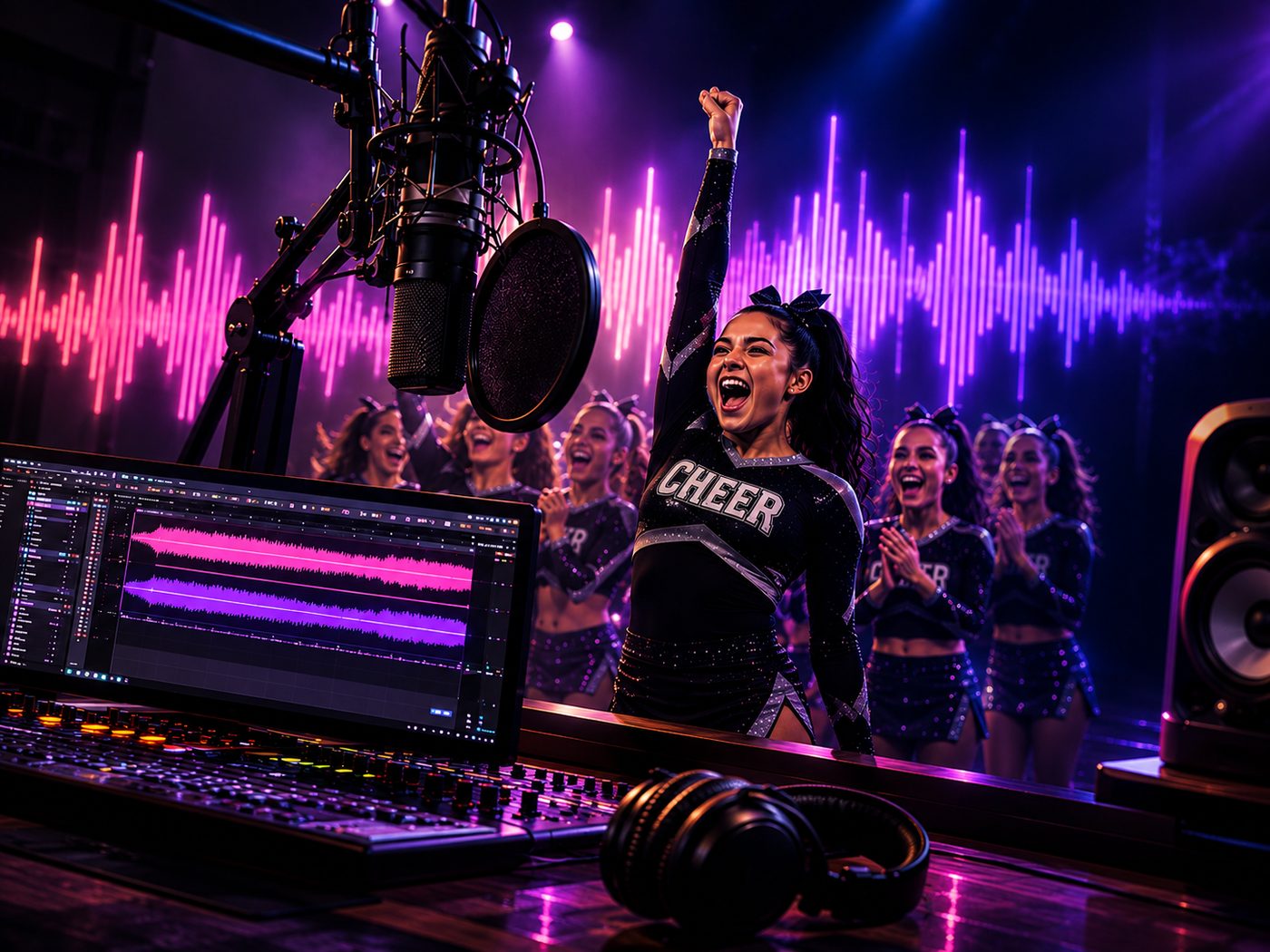 Music producer at a mixing console with a cheer team cheering in the background
