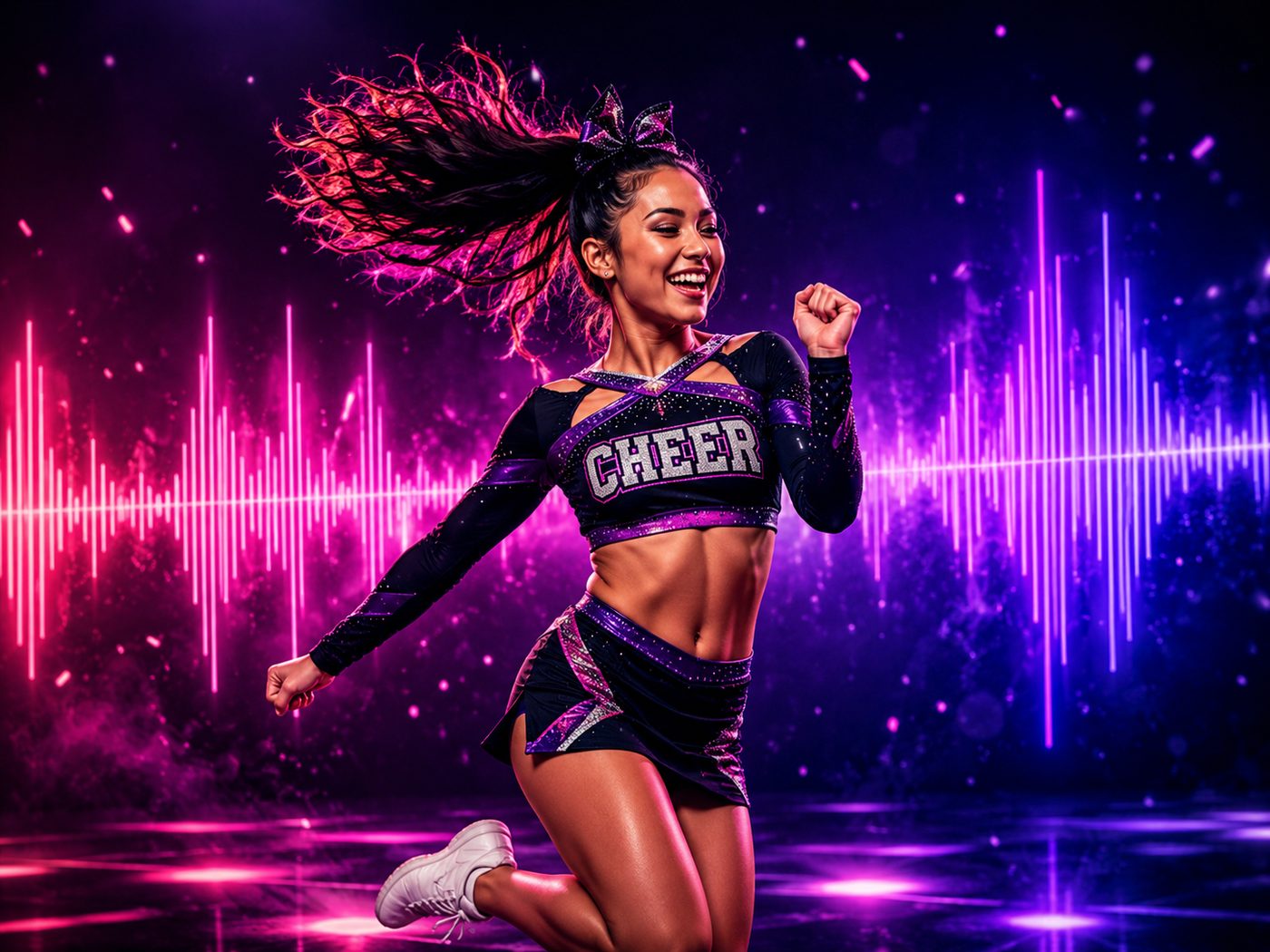 Cheer athlete captured mid-move with dynamic motion energy