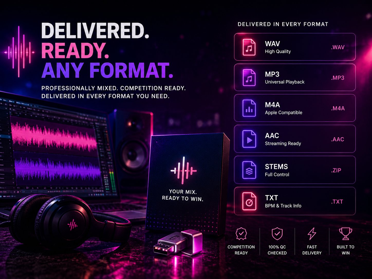 Abstract pulse and gradient artwork representing the Delivery-Ready Audio Exports service