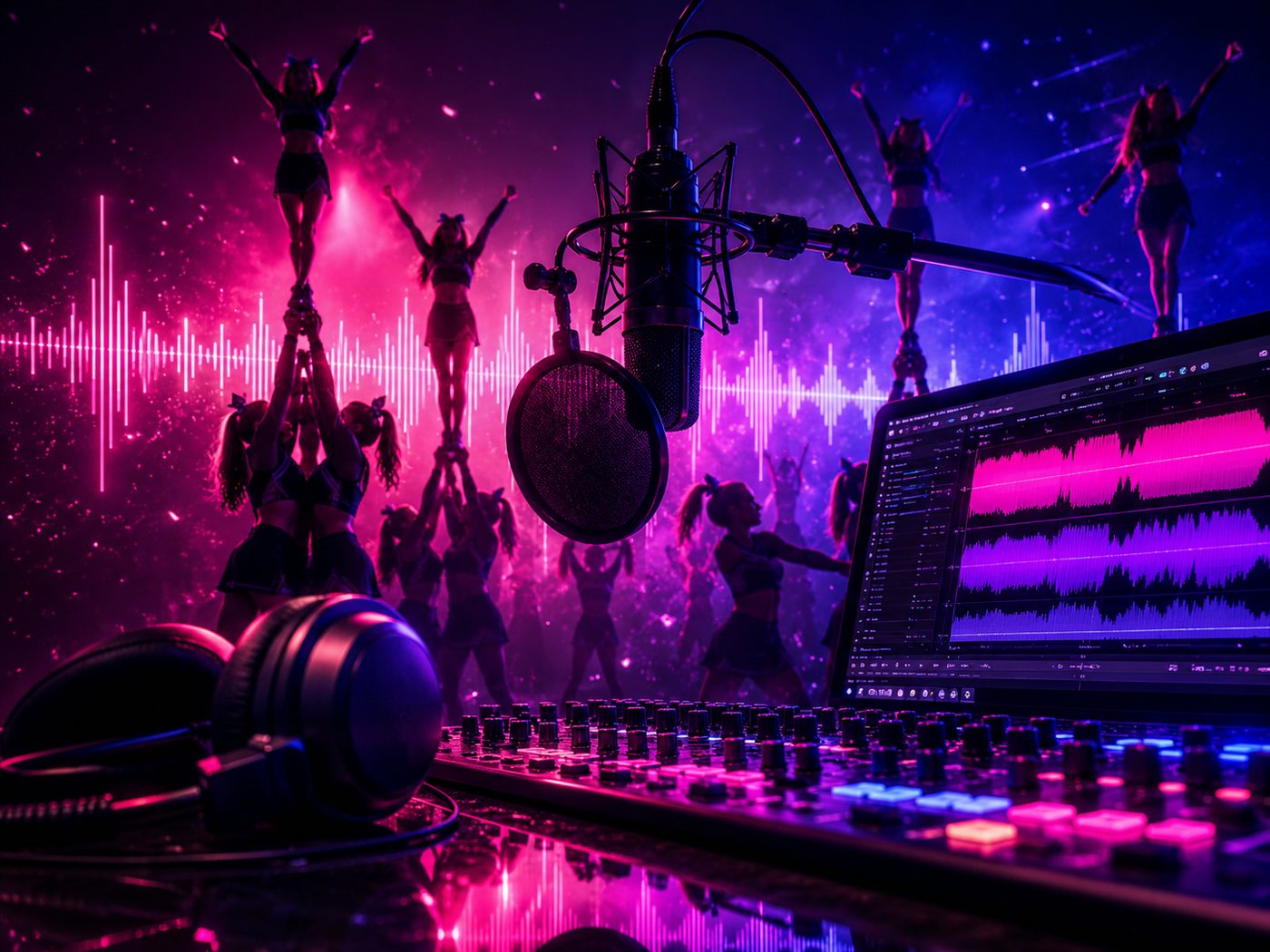 Studio waveform editing setup with a cheer stunt group silhouetted in the background