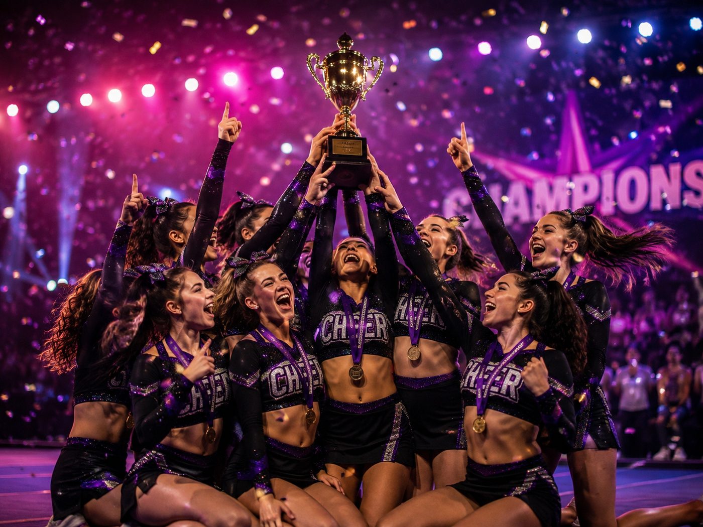 Cheer team celebrating a championship win with a trophy