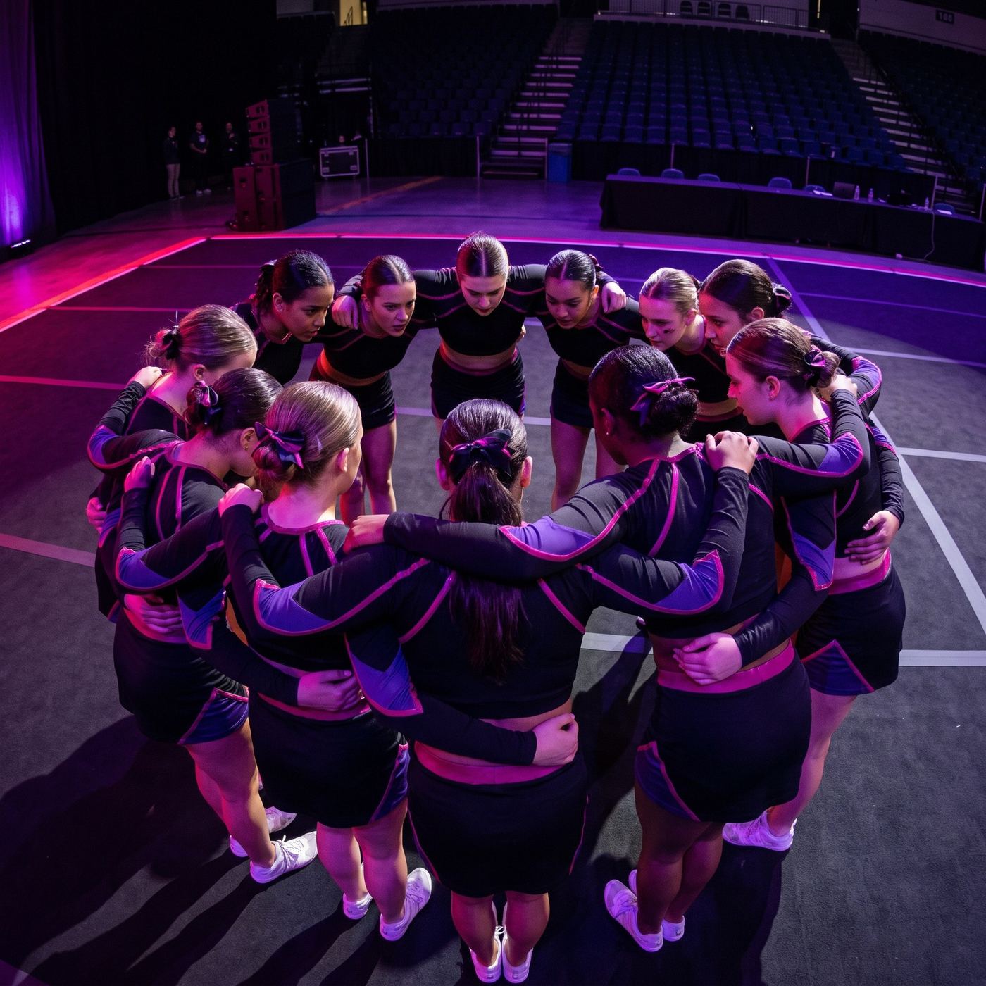 Cheer team huddled together before a competition performance