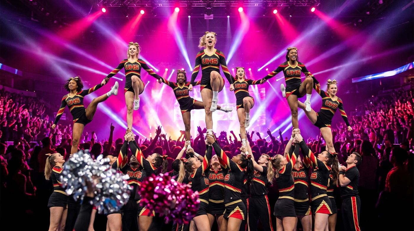Cheer stunt group at the peak of a pyramid formation