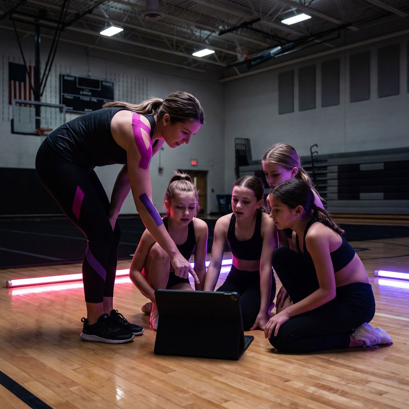 Coach and athletes reviewing choreography on the practice floor