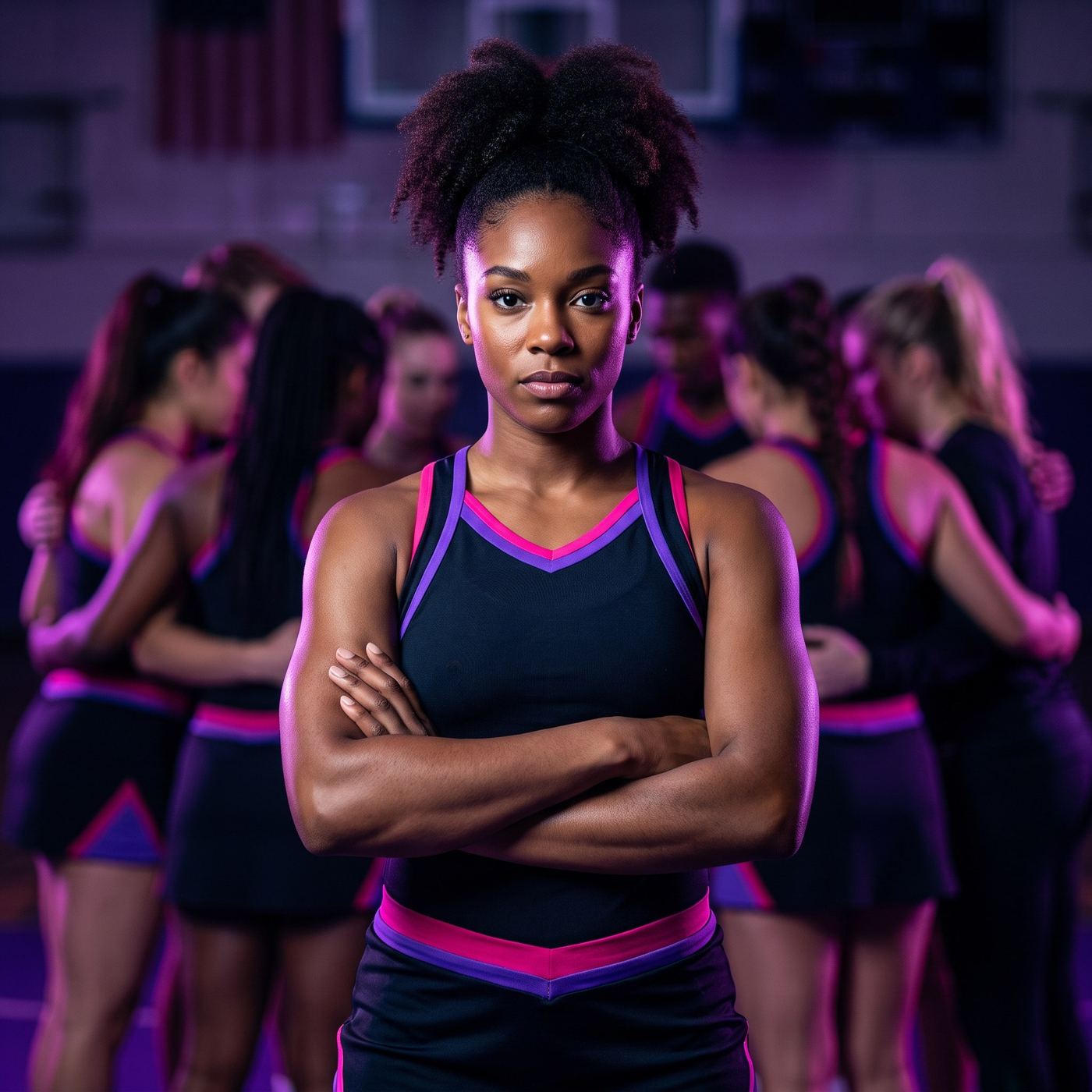 Cheer athlete portrait with teammates in the background